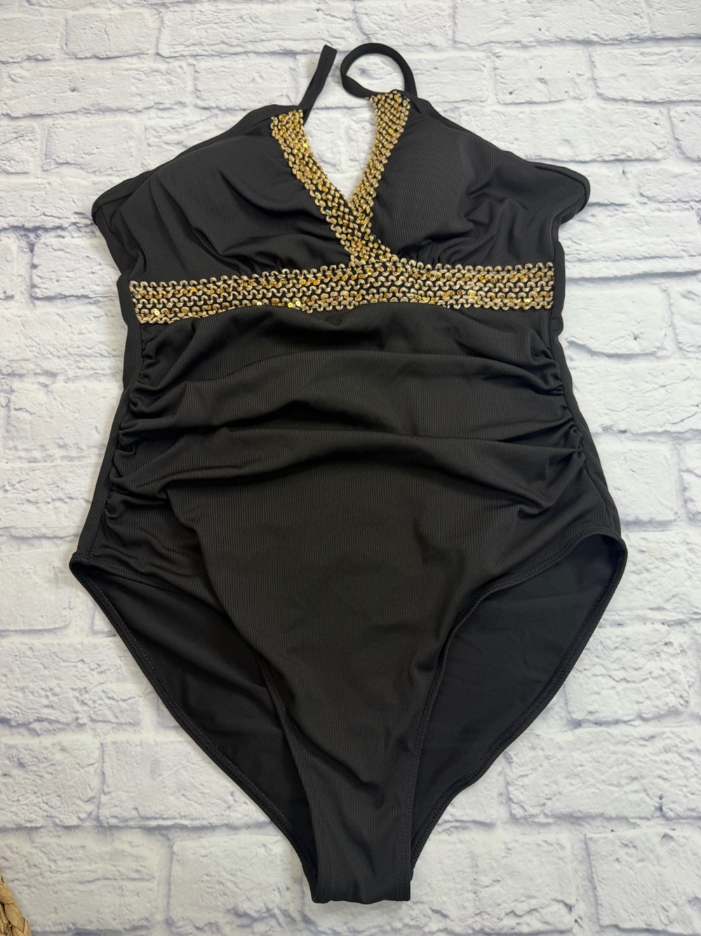 Black One-Piece Swimsuit with Gold Sequin Trim & Ruching. Size 2X.